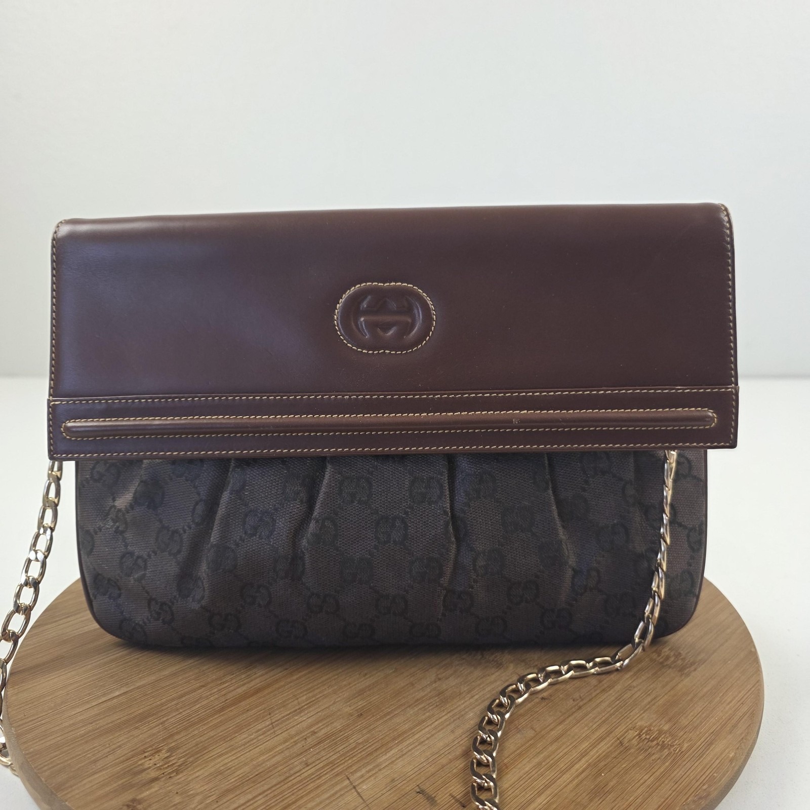 Vtg Gucci Shoulder Bag Womens Medium Brown Canvas Leather Monogram Italy Purse